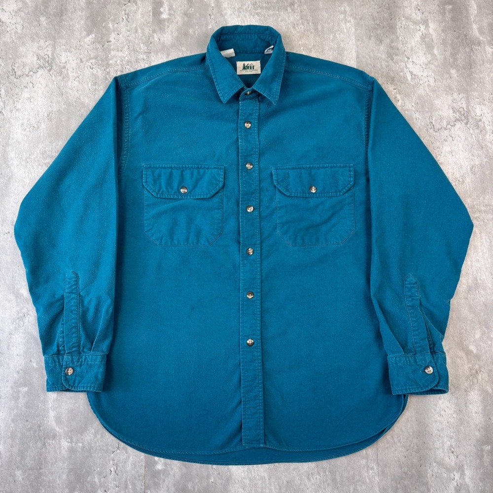 Vintage REI Shirt Mens M Teal Blue Cotton Long Sleeve Button Down Hiking Chamois